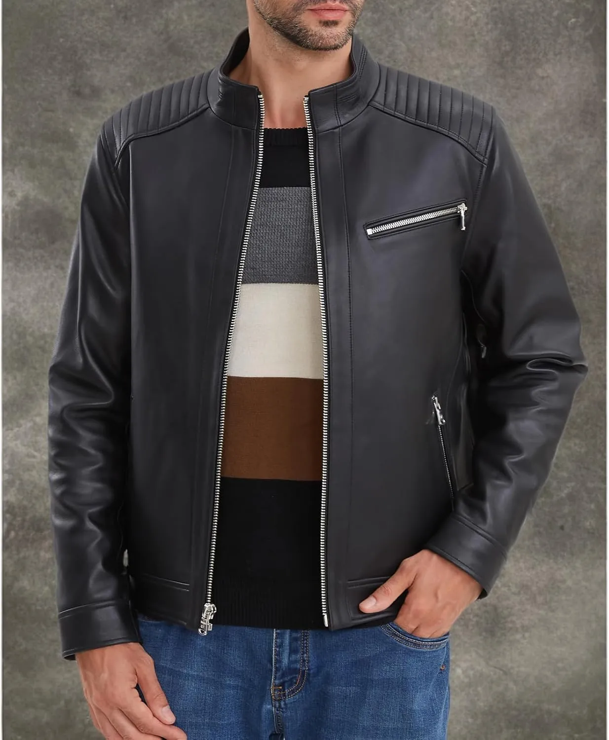 Leather Jacket Men,Lambskin Motorcycle Jacket, Black, Quilted Shoulders, Full Zip Front with Multiple Pockets