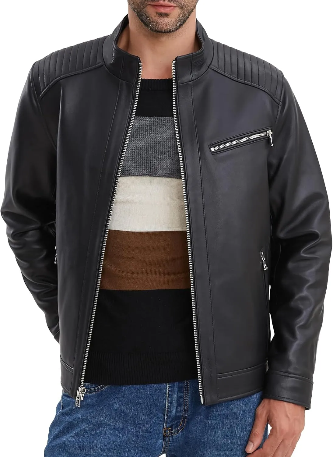 Leather Jacket Men,Lambskin Motorcycle Jacket, Black, Quilted Shoulders, Full Zip Front with Multiple Pockets