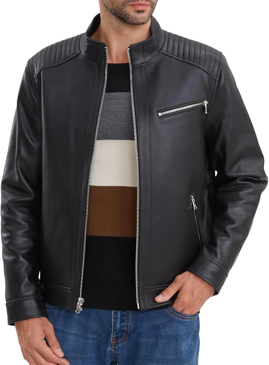 Leather Jacket Men,Lambskin Motorcycle Jacket, Black, Quilted Shoulders, Full Zip Front with Multiple Pockets