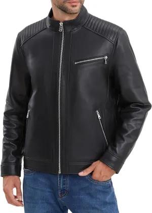 Leather Jacket Men,Lambskin Motorcycle Jacket, Black, Quilted Shoulders, Full Zip Front with Multiple Pockets