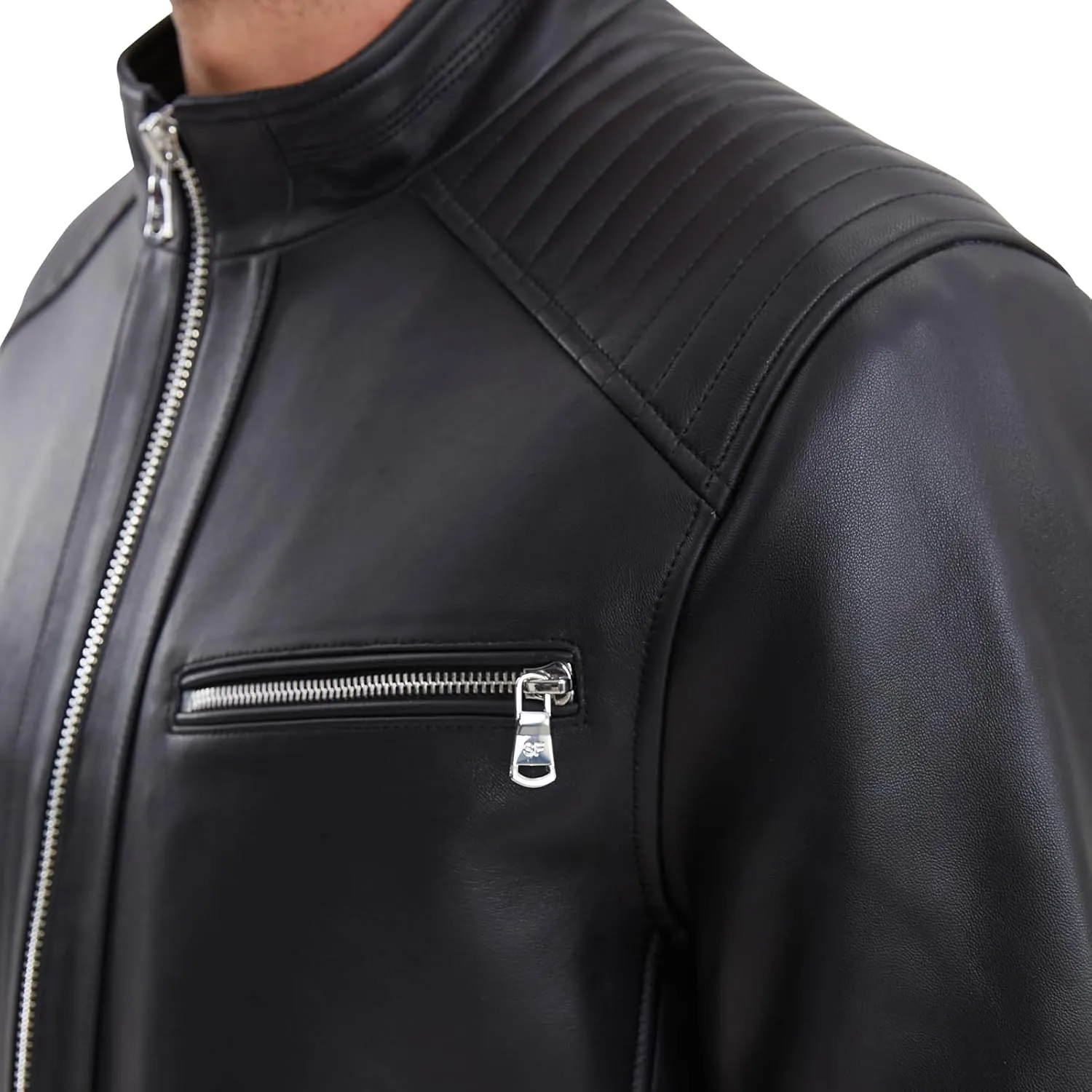 Leather Jacket Men,Lambskin Motorcycle Jacket, Black, Quilted Shoulders, Full Zip Front with Multiple Pockets