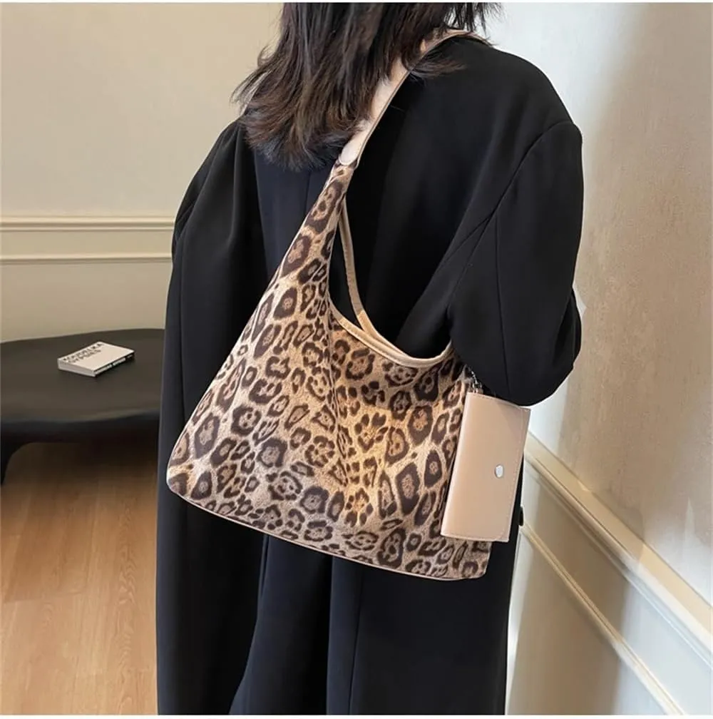 Leopard Suede Tote Bag with Coin Purse Slouchy Cheetah Print Suede Shoulder Hobo Bags Retro Suede Handbag and Purse