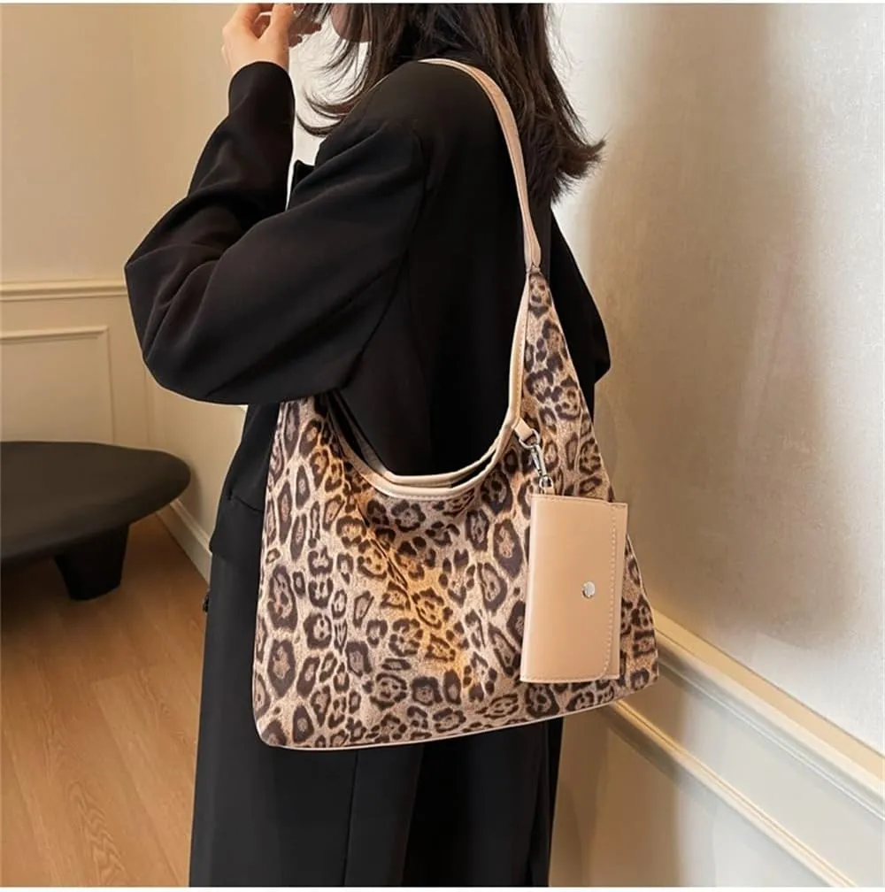 Leopard Suede Tote Bag with Coin Purse Slouchy Cheetah Print Suede Shoulder Hobo Bags Retro Suede Handbag and Purse