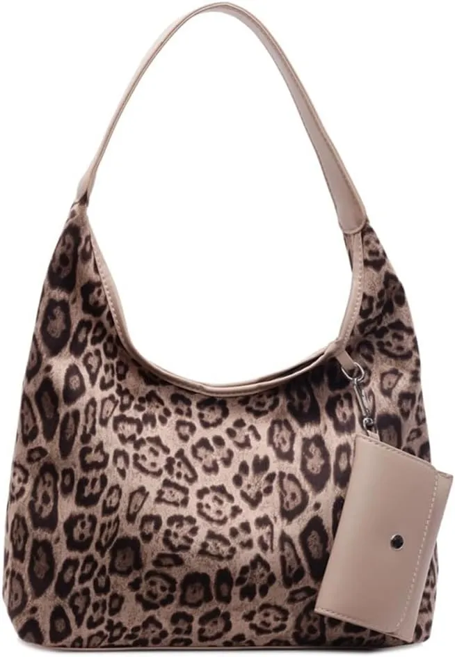 Leopard Suede Tote Bag with Coin Purse Slouchy Cheetah Print Suede Shoulder Hobo Bags Retro Suede Handbag and Purse