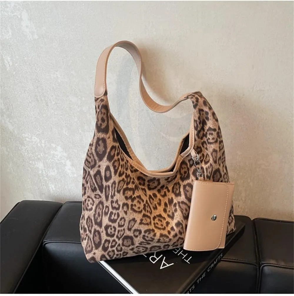 Leopard Suede Tote Bag with Coin Purse Slouchy Cheetah Print Suede Shoulder Hobo Bags Retro Suede Handbag and Purse