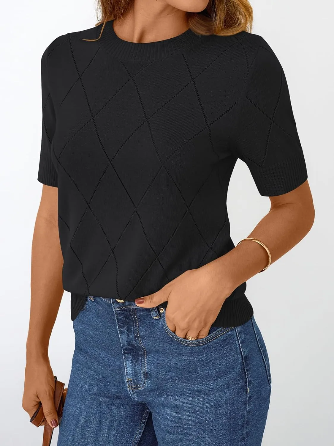 LILLUSORY Womens Knit Hollowed Out Sweater Summer Lightweight Short Sleeve Wool Blend Tops