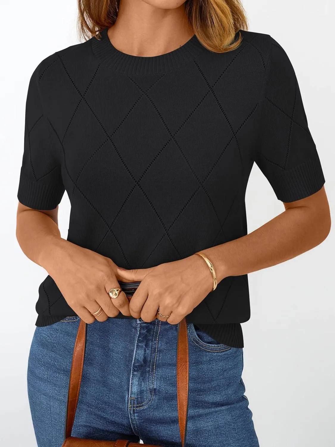 LILLUSORY Womens Knit Hollowed Out Sweater Summer Lightweight Short Sleeve Wool Blend Tops