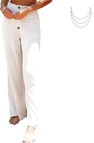 Linen Blend High Rise Smocked Pants, Summer Waisted Cotton Wide Leg Casual Sweat Boho Pants for Women