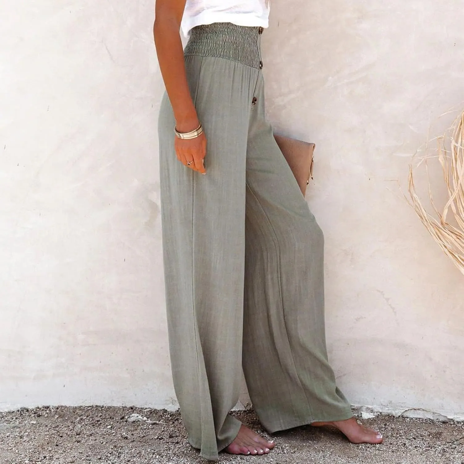 Linen Blend High Rise Smocked Pants, Summer Waisted Cotton Wide Leg Casual Sweat Boho Pants for Women