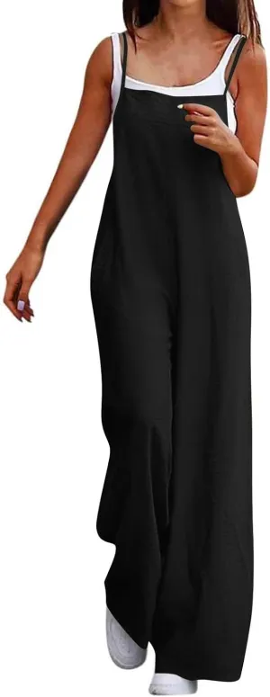Linen Jumpsuits for Women Adjustable Strap Maternity Jumpsuit Baggy Lightweight Wide Leg One Piece Jumpsuits Pockets