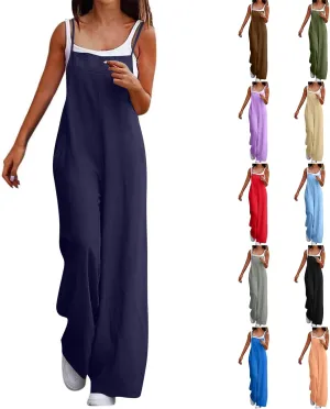 Linen Jumpsuits for Women Casual Comfy Loose Summer Boho Sleeveless Wide Leg Overalls One Piece Outfits with Pockets