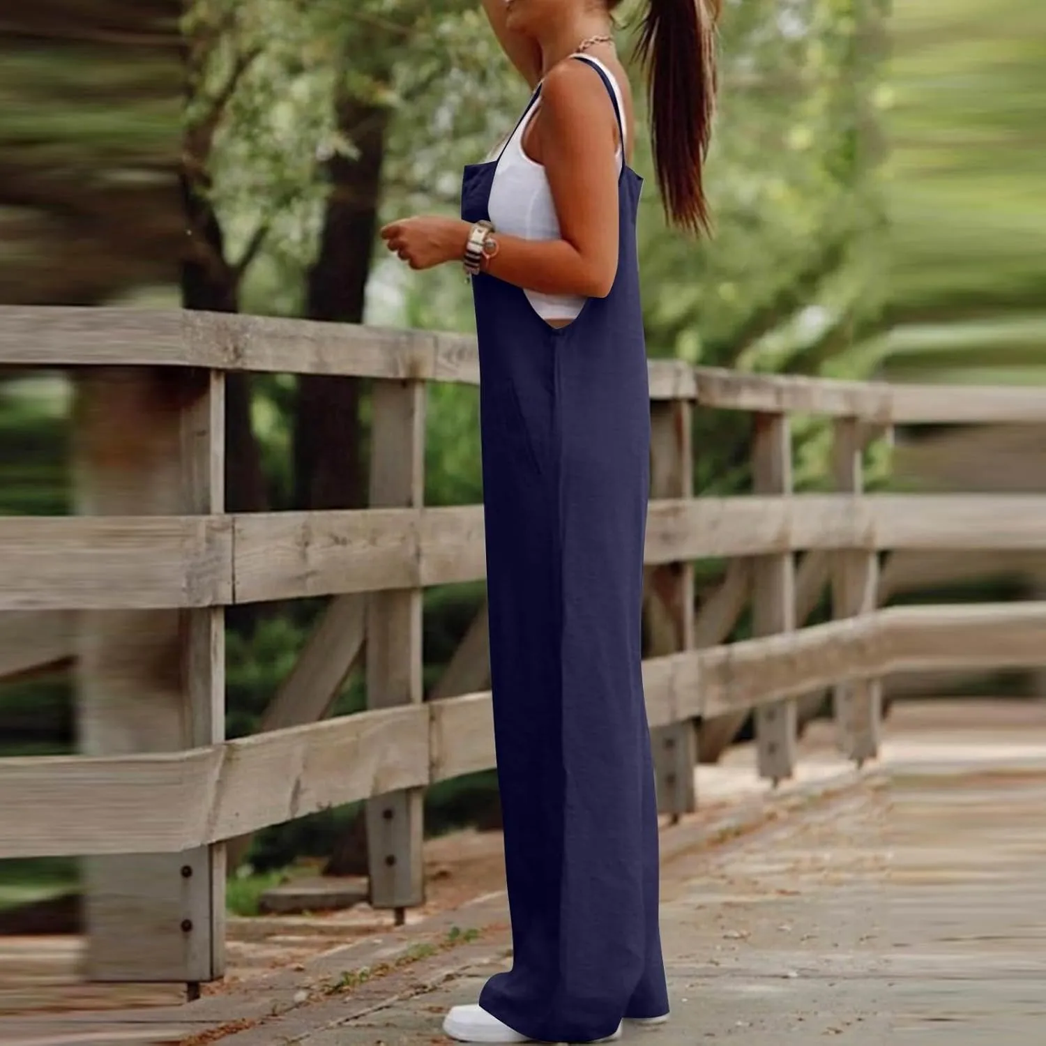 Linen Jumpsuits for Women Casual Comfy Loose Summer Boho Sleeveless Wide Leg Overalls One Piece Outfits with Pockets