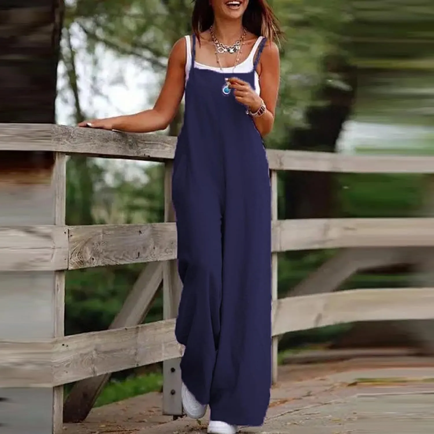 Linen Jumpsuits for Women Casual Comfy Loose Summer Boho Sleeveless Wide Leg Overalls One Piece Outfits with Pockets