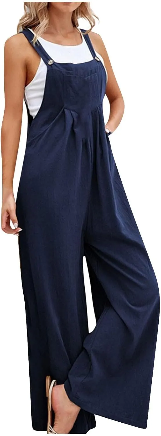 Linen Jumpsuits for Women Spaghetti Strap Wide Leg One Piece Jumpsuit Cotton Sleeveless Work Bib Overall with Pockets