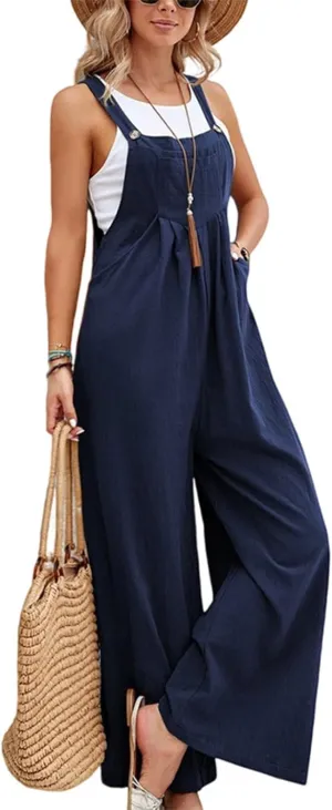 Linen Jumpsuits for Women Spaghetti Strap Wide Leg One Piece Jumpsuit Cotton Sleeveless Work Bib Overall with Pockets