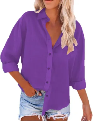 Linen Outfits Women Summer Solid Color Shirt Long Sleeve Down Shirt Loose Fit Vacation Beach Workwear Tops Womens