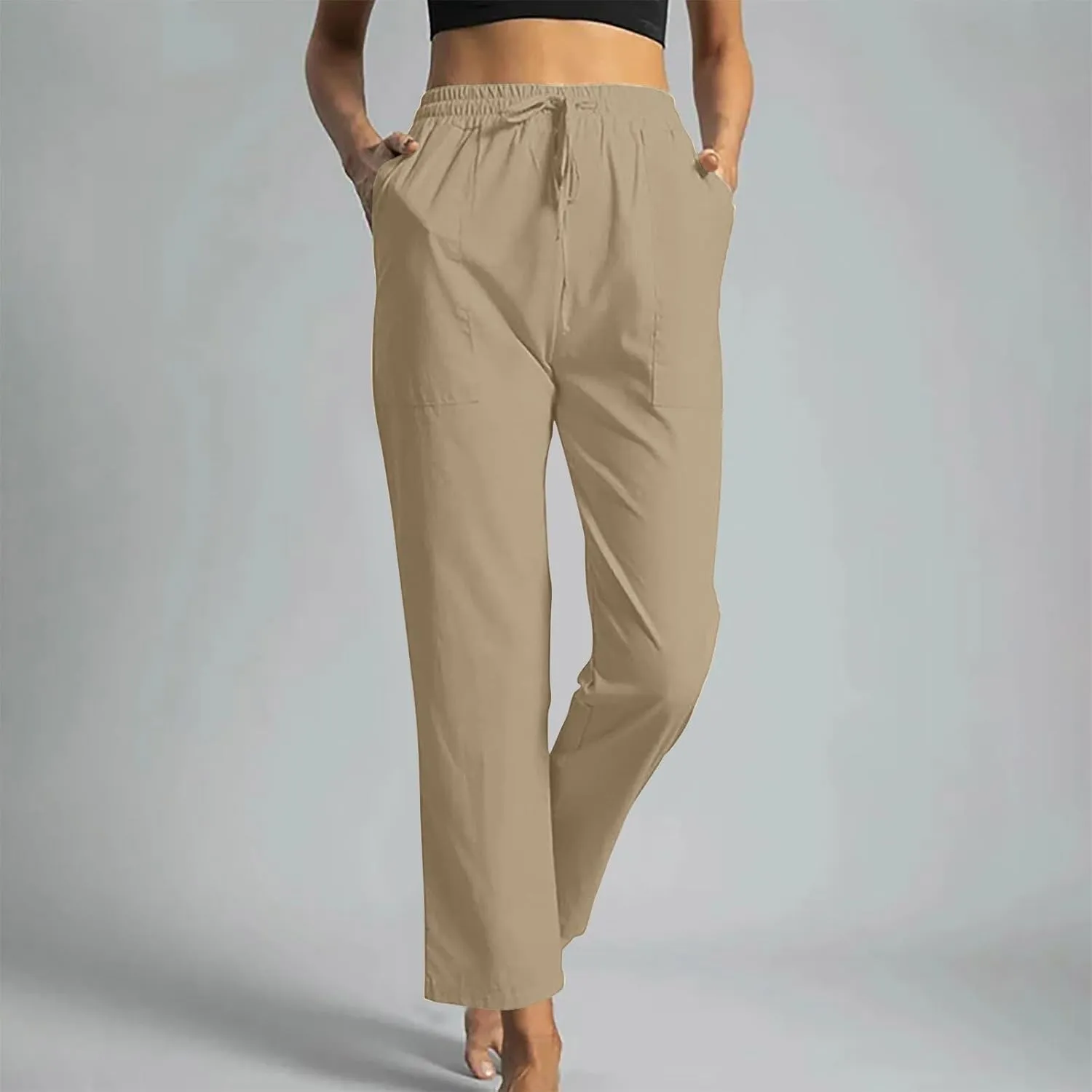 Linen Pants Women 2025 Summer High Waist Elastic Long Pant Straight Leg Lounge Pants Casual Lightweight Trousers