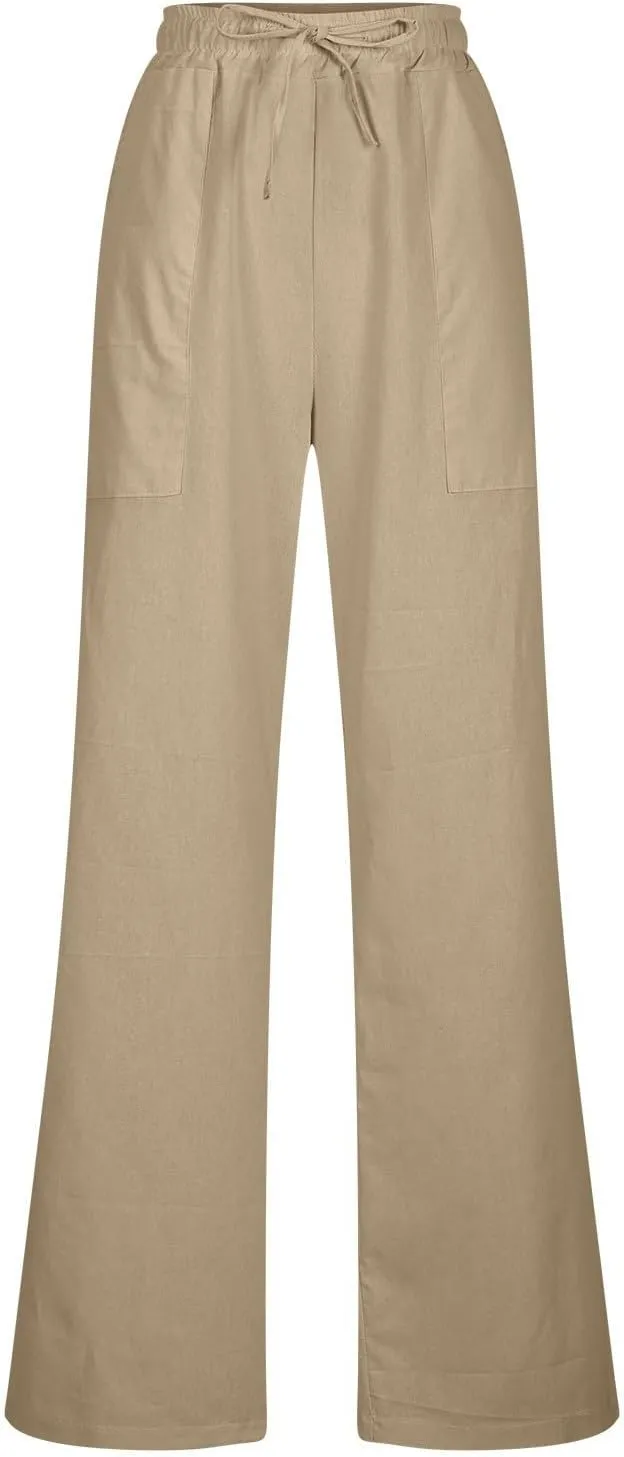 Linen Pants Women 2025 Summer High Waist Elastic Long Pant Straight Leg Lounge Pants Casual Lightweight Trousers