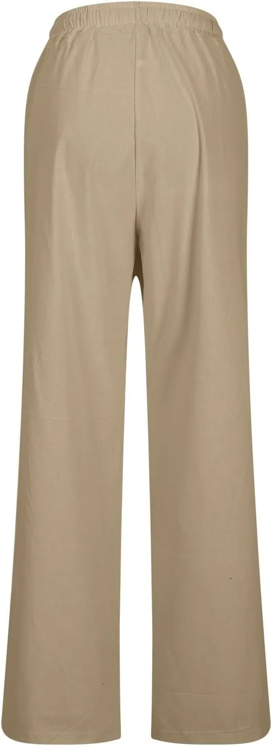 Linen Pants Women 2025 Summer High Waist Elastic Long Pant Straight Leg Lounge Pants Casual Lightweight Trousers