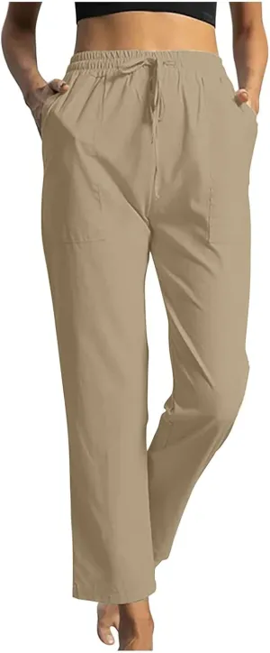 Linen Pants Women 2025 Summer High Waist Elastic Long Pant Straight Leg Lounge Pants Casual Lightweight Trousers