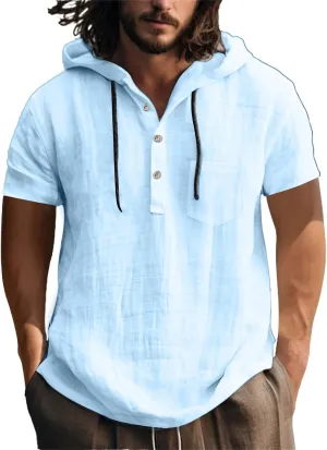 Linen Shirts for Men Quick Dry Breathable Summer Button Short Sleeve Shirt with Hooded Lightweight Loose Beach Top