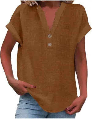 Linen Shirts for Women V Neck Button Down Blouse Short Sleeve Office Work Tops Vintage Vacation Tees Blouse Tops