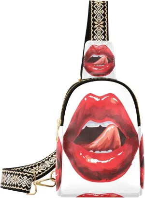 Lip Licking Fanny Pack Crossbody PC Leather Small Sling Bag for Women Red Lipstick Print Fashion Waist Packs Chest Bag for Travel Sports Running Hiking