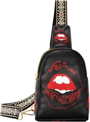 Lips Red Watercolor Fanny Pack Crossbody PC Leather Small Sling Bag for Women Funny Lipstick Fashion Waist Packs Chest Bag for Travel Sports Running Hiking