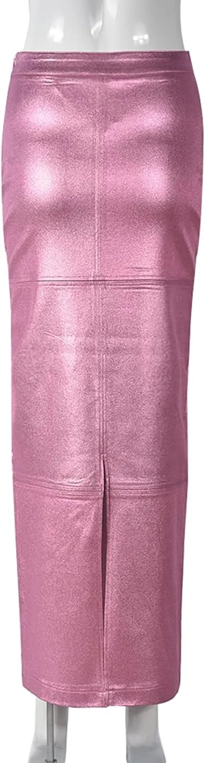 Long Skirts for Women Trendy High Waisted A Line Business Casual Leather Maxi Skirt with Slit Dressy