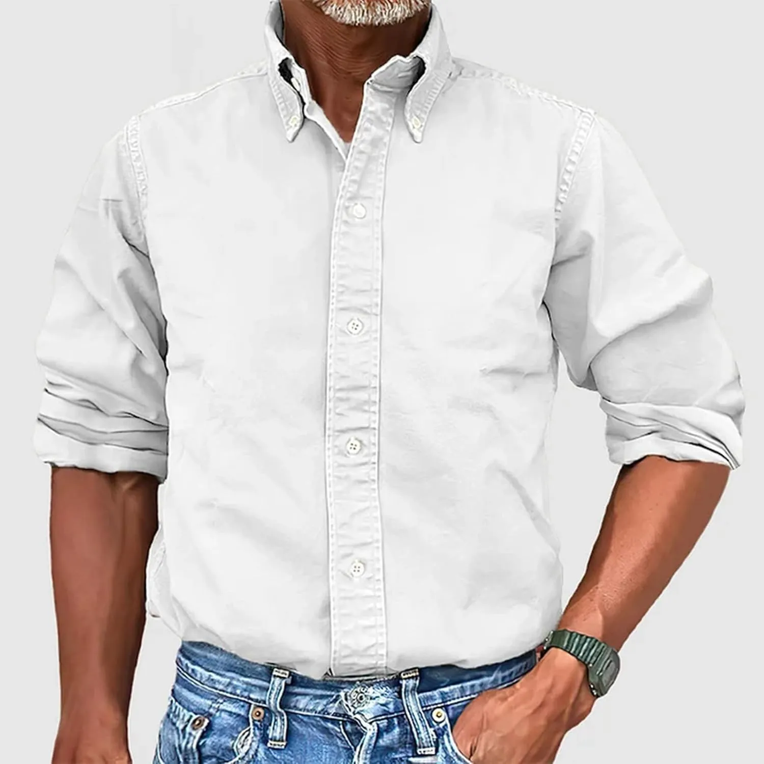 Long Sleeve T Shirt for Men Casual Button Down Lapel Neck Tee Shirt Plus Size Loose Fit Solid Business Dress Shirts