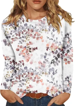 Long Sleeve Womens Tops 2024 Vintage Print Casual Loose with Round Neck Plus Size Shirts