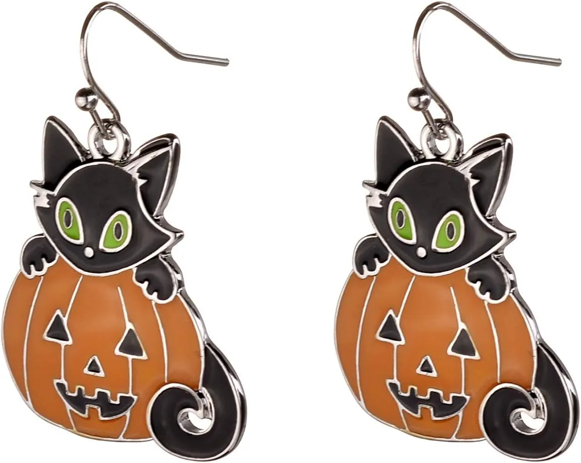 Lux Accessories Halloween Orange Pumpkin Black Kitty Cat Silvertone Dangle Earrings