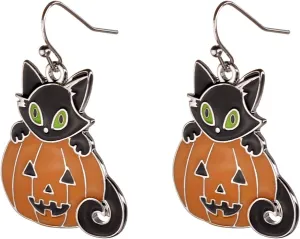 Lux Accessories Halloween Orange Pumpkin Black Kitty Cat Silvertone Dangle Earrings