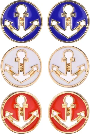 Lux Accessories Set of 3 Blue Red White Gold Anchor Stud Earrings