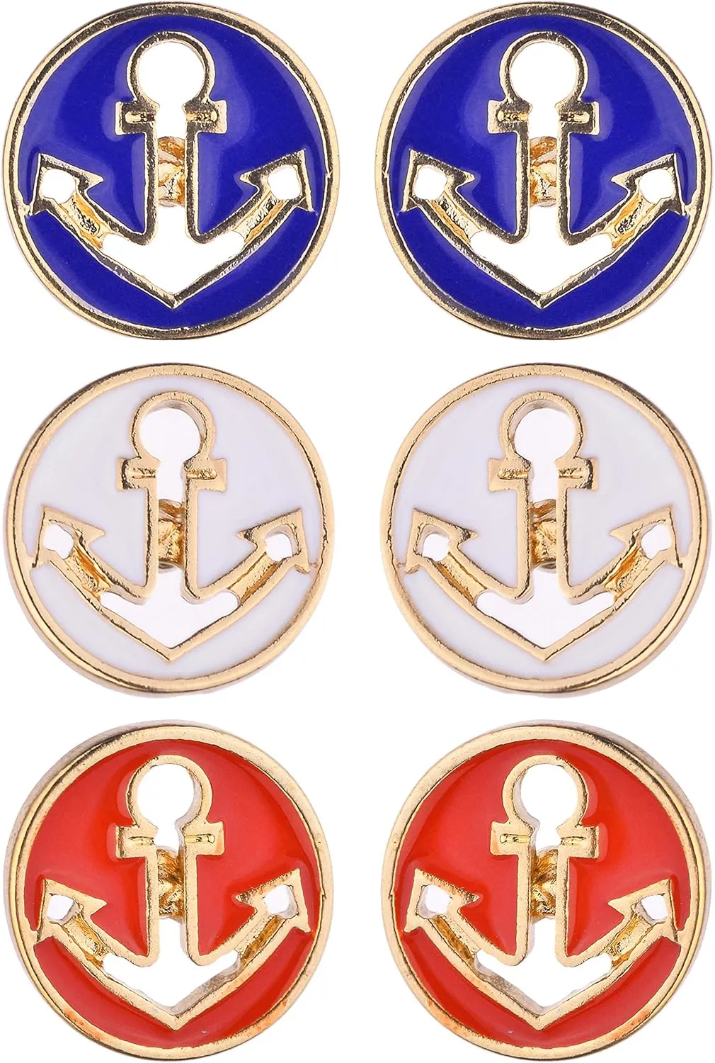 Lux Accessories Set of 3 Blue Red White Gold Anchor Stud Earrings
