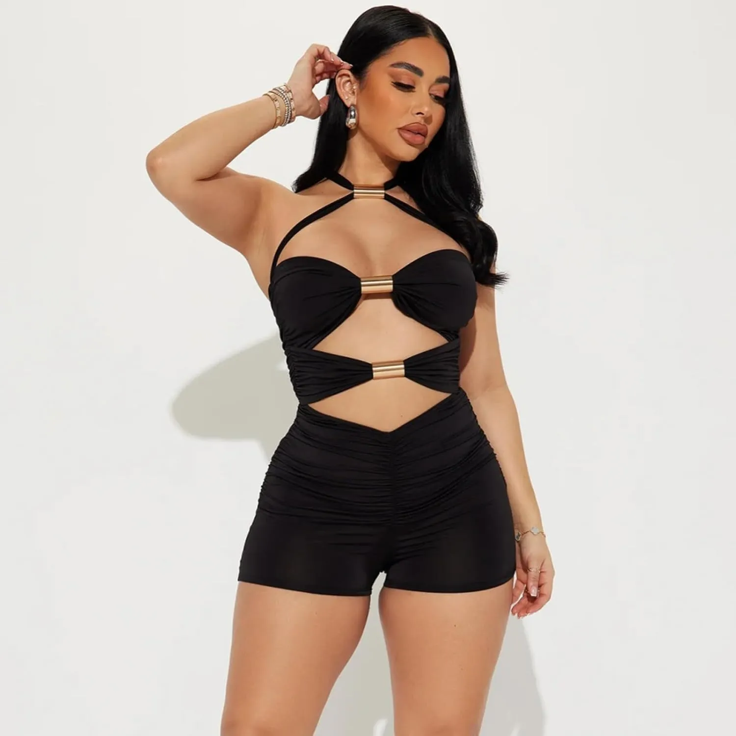 magorange Women Sexy Halter Jumpsuits Hollow Out Backless Tube Bodycon Shorts One Piece Outfits Romper