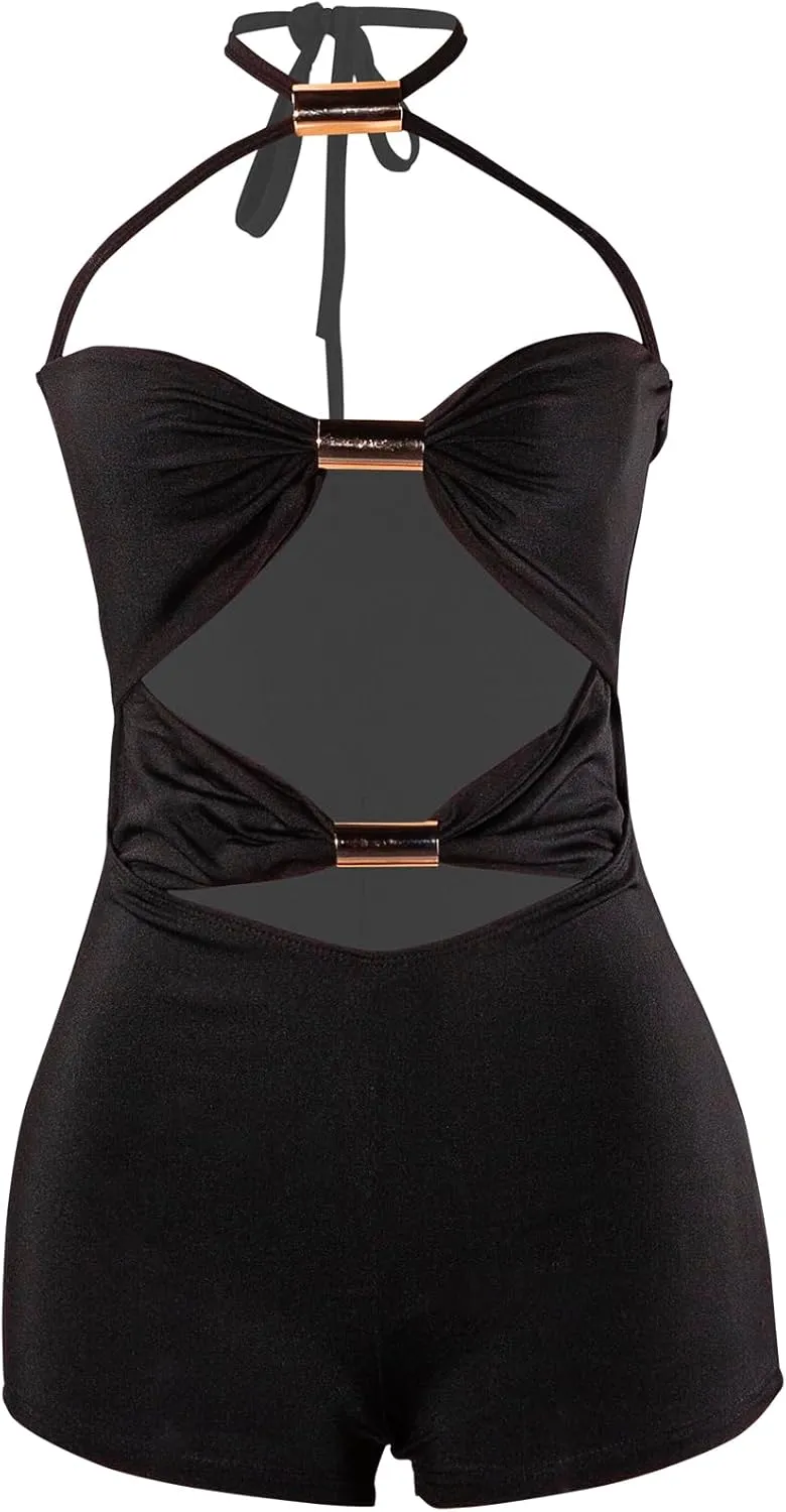magorange Women Sexy Halter Jumpsuits Hollow Out Backless Tube Bodycon Shorts One Piece Outfits Romper