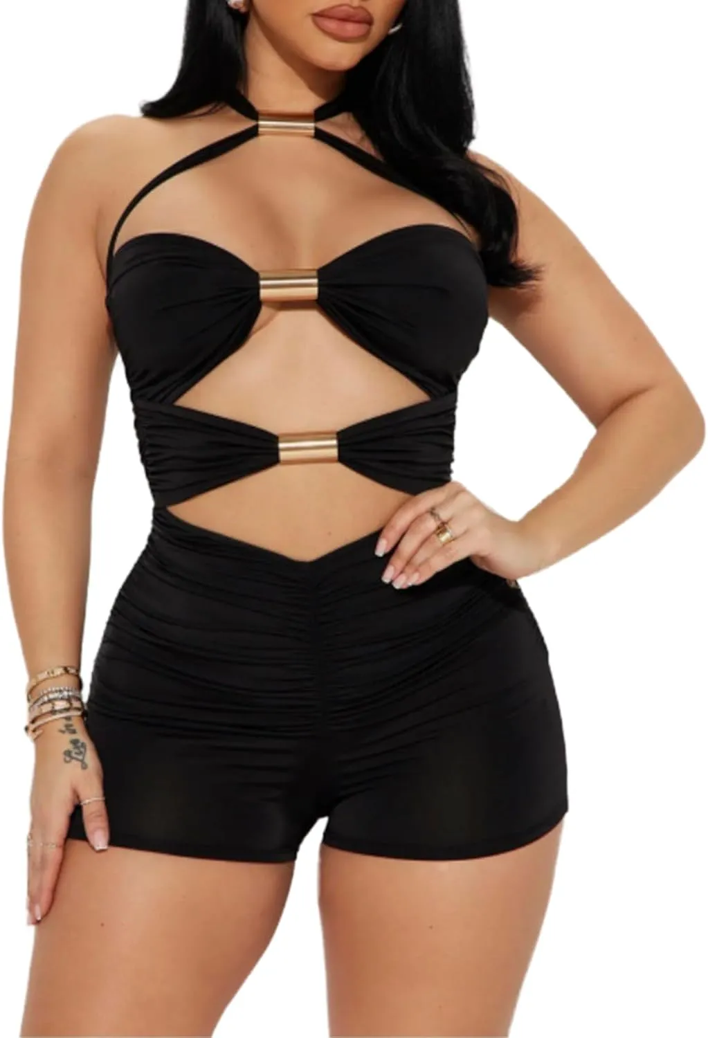 magorange Women Sexy Halter Jumpsuits Hollow Out Backless Tube Bodycon Shorts One Piece Outfits Romper