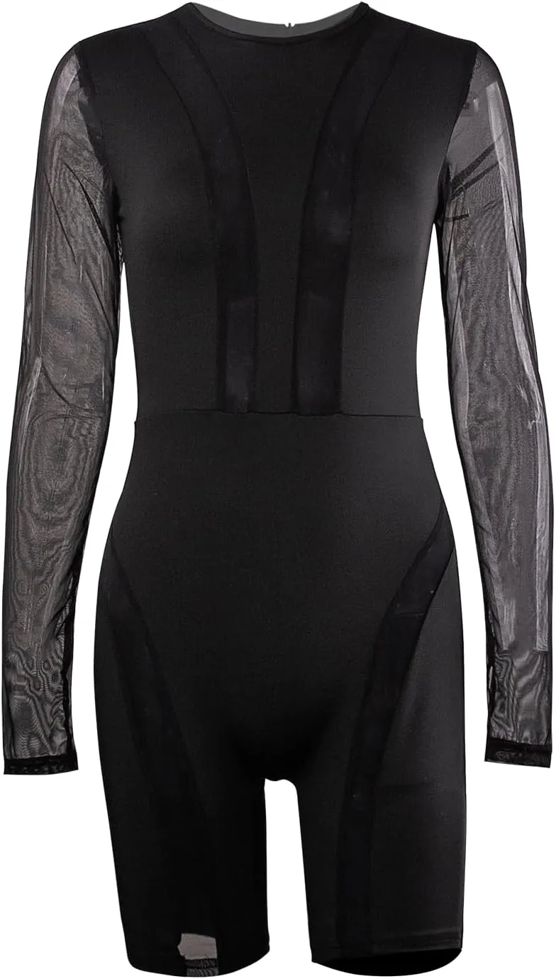 magorange Women Sexy Mesh See Through Jumpsuits Long Sleeve Patchwork Shorts Bodycon Romper Club Outfits