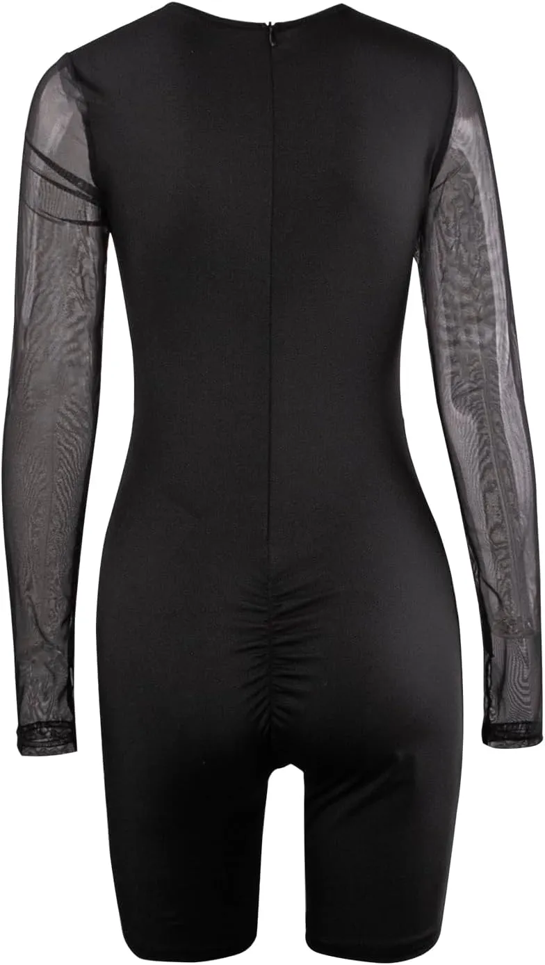 magorange Women Sexy Mesh See Through Jumpsuits Long Sleeve Patchwork Shorts Bodycon Romper Club Outfits