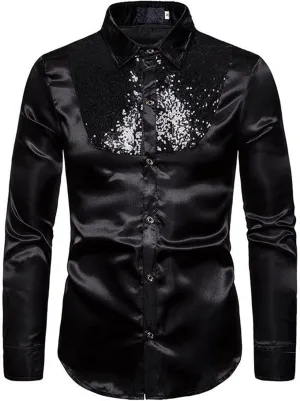 Mardi Gras Shirt for Men Fashion Long Sleeve Button Down Sequin T-Shirt Regular Fit Lapel Neck Nightclub Performance Clothing