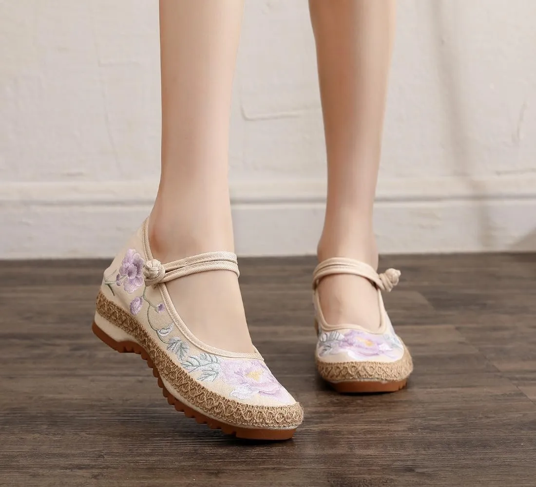 Mary Jane Espadrilles for Women Platform Rattan Wedge Sandals Low Heel with Arch Support Slip on House Slippers Casual Dress Shoes Lightweight Breathable Low Top Straps Comfort Walking Slide Outdoor