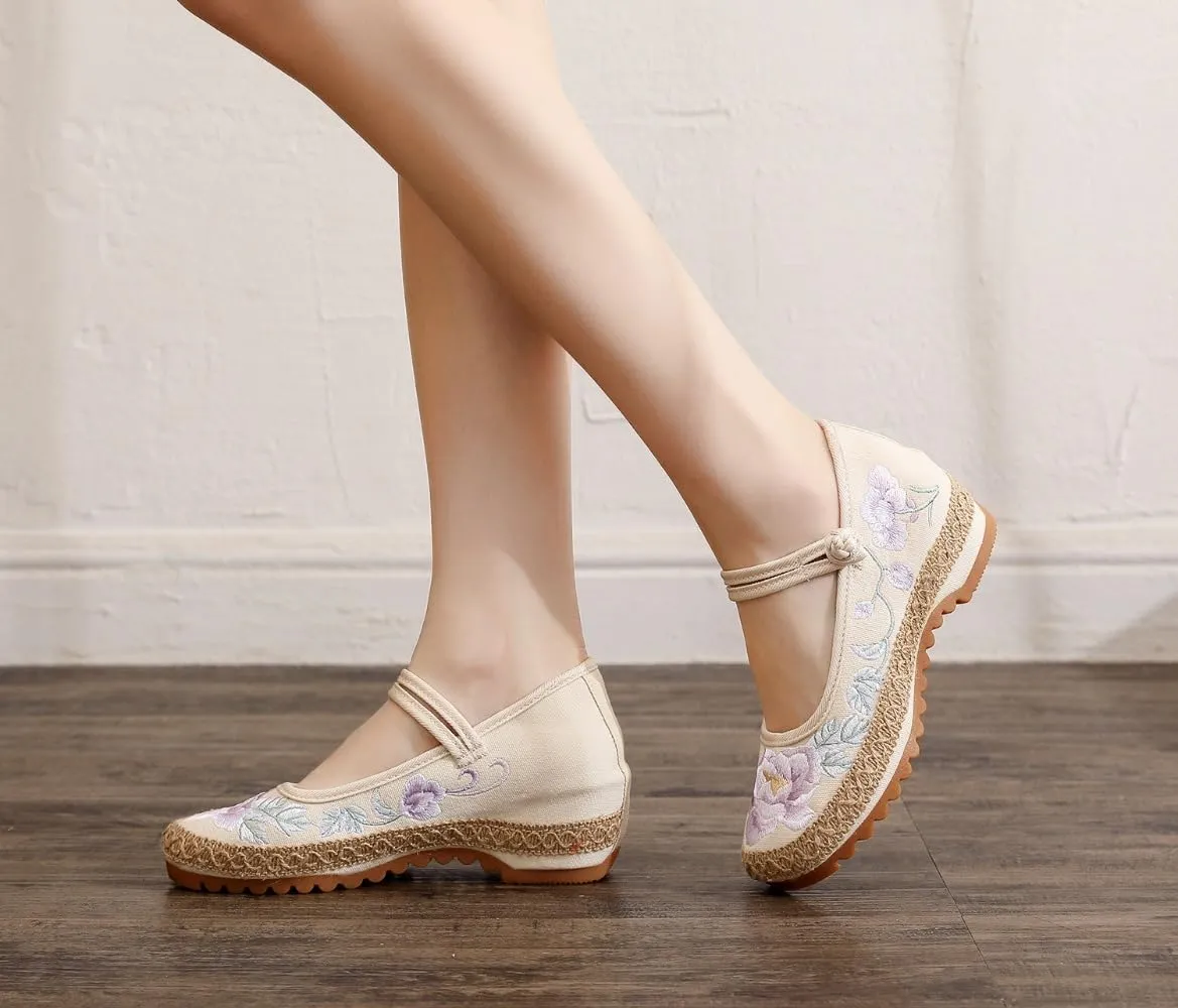 Mary Jane Espadrilles for Women Platform Rattan Wedge Sandals Low Heel with Arch Support Slip on House Slippers Casual Dress Shoes Lightweight Breathable Low Top Straps Comfort Walking Slide Outdoor