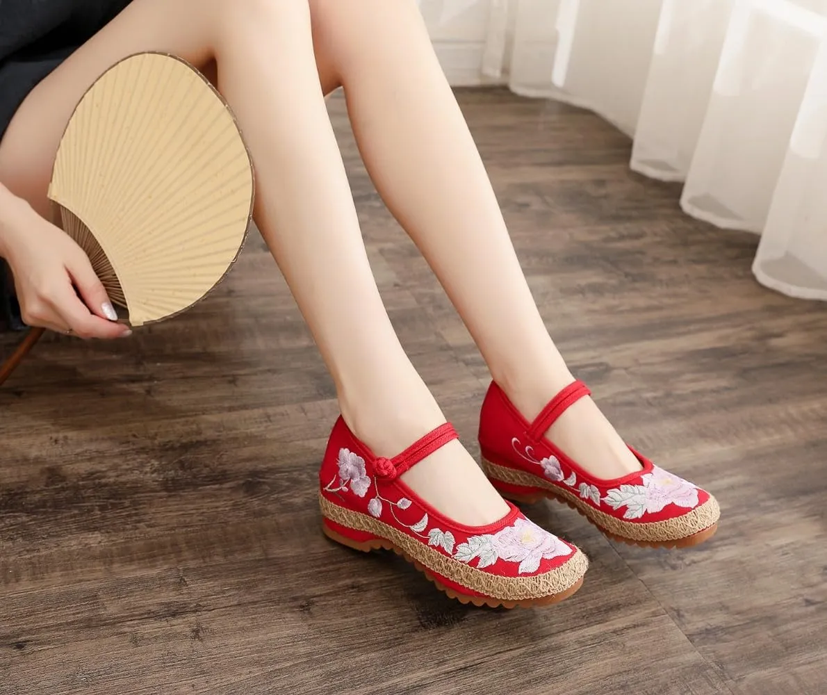 Mary Jane Espadrilles for Women Platform Rattan Wedge Sandals Low Heel with Arch Support Slip on House Slippers Casual Dress Shoes Lightweight Breathable Low Top Straps Comfort Walking Slide Outdoor