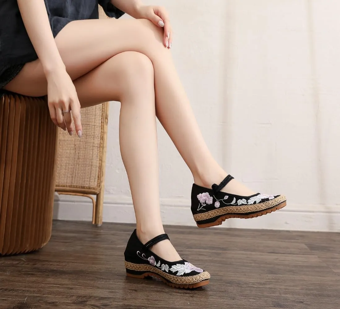 Mary Jane Espadrilles for Women Platform Rattan Wedge Sandals Low Heel with Arch Support Slip on House Slippers Casual Dress Shoes Lightweight Breathable Low Top Straps Comfort Walking Slide Outdoor