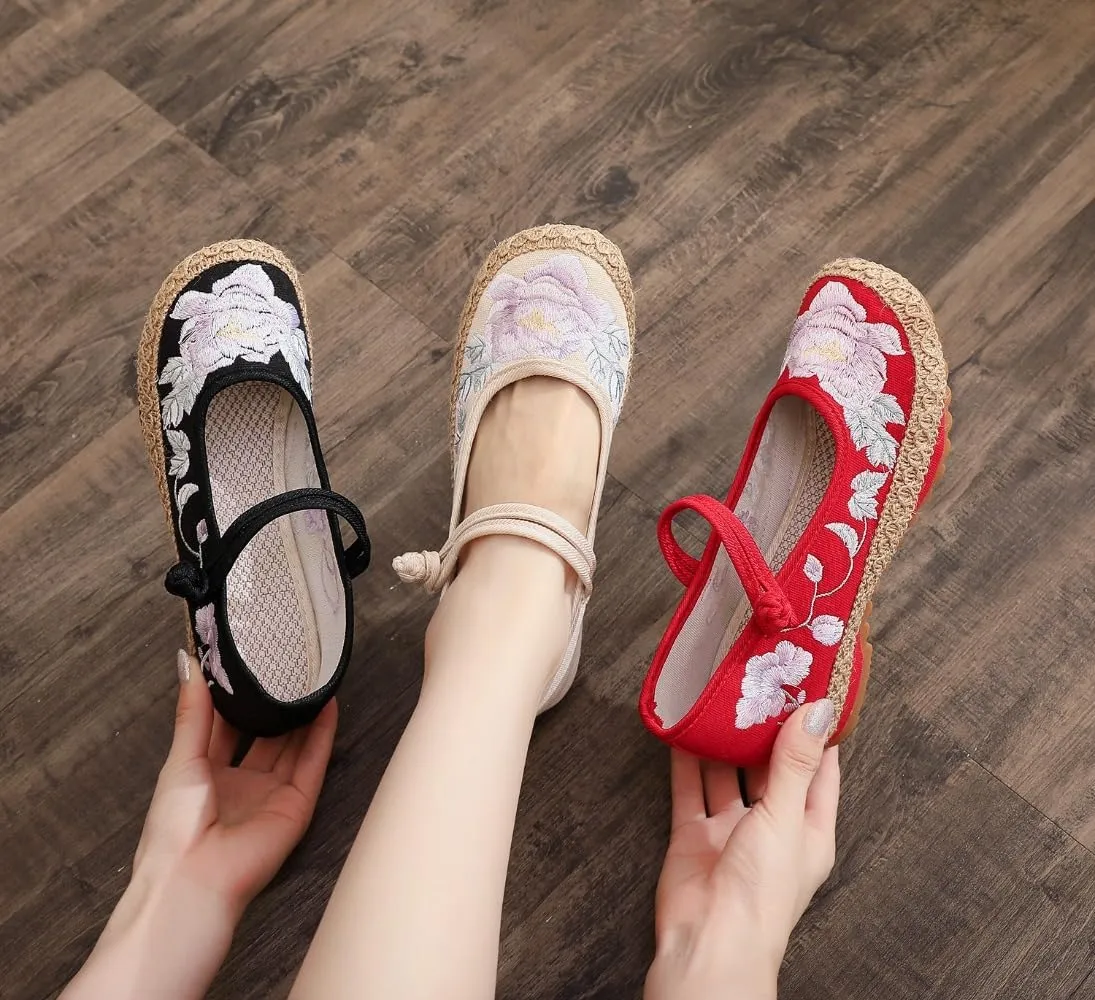 Mary Jane Espadrilles for Women Platform Rattan Wedge Sandals Low Heel with Arch Support Slip on House Slippers Casual Dress Shoes Lightweight Breathable Low Top Straps Comfort Walking Slide Outdoor