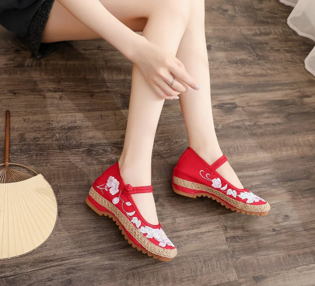 Mary Jane Espadrilles for Women Platform Rattan Wedge Sandals Low Heel with Arch Support Slip on House Slippers Casual Dress Shoes Lightweight Breathable Low Top Straps Comfort Walking Slide Outdoor