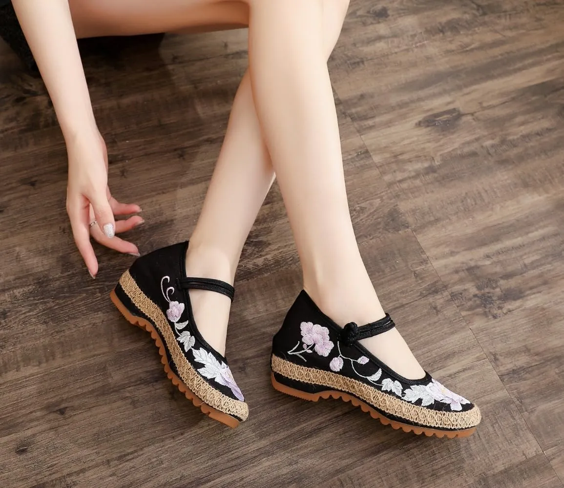 Mary Jane Espadrilles for Women Platform Rattan Wedge Sandals Low Heel with Arch Support Slip on House Slippers Casual Dress Shoes Lightweight Breathable Low Top Straps Comfort Walking Slide Outdoor