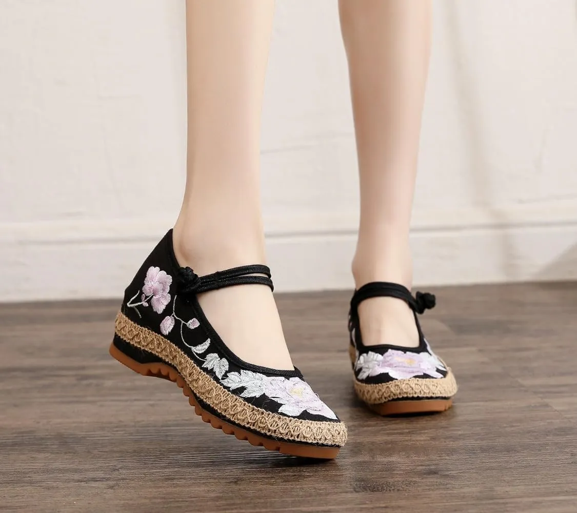 Mary Jane Espadrilles for Women Platform Rattan Wedge Sandals Low Heel with Arch Support Slip on House Slippers Casual Dress Shoes Lightweight Breathable Low Top Straps Comfort Walking Slide Outdoor