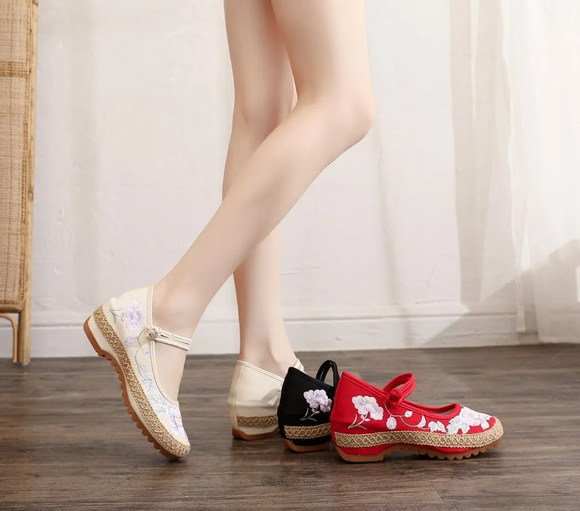 Mary Jane Espadrilles for Women Platform Rattan Wedge Sandals Low Heel with Arch Support Slip on House Slippers Casual Dress Shoes Lightweight Breathable Low Top Straps Comfort Walking Slide Outdoor